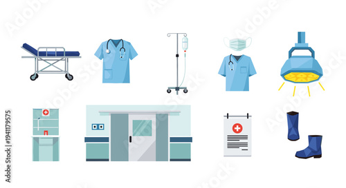 Medical equipment and hospital room elements in flat style