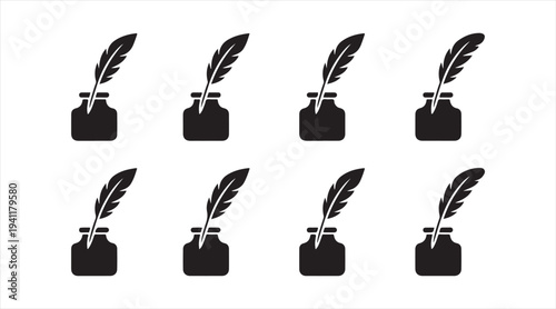 Vintage writing quill icon pack in simple black design style