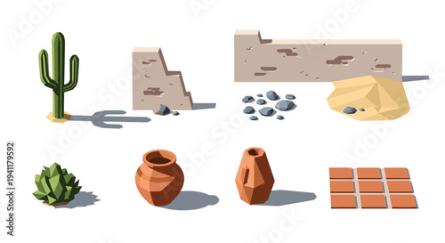 Isometric desert elements with cactus and pottery for design projects