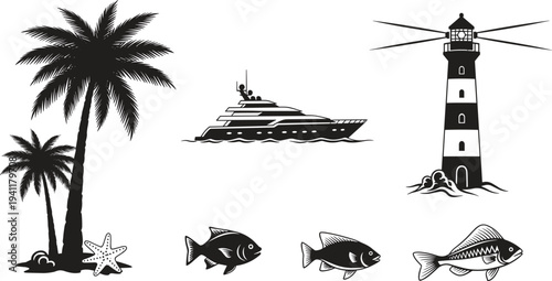 Tropical coastal scene with lighthouse palm trees cruise ship and fish