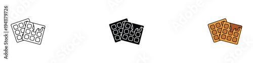 Belgian waffle icon set with chocolate syrup. Delicious breakfast and dessert symbol. Vector Illustration.