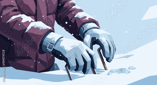 Winter outdoor adventure: low poly gloved hands in snowy scene