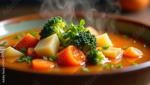 Steaming hot vegetable soup with vibrant broccoli florets, tender carrots, and soft potato chunks in a rich broth, garnished with fresh green herbs.