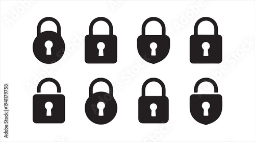 Secure padlock icon pack in simple black style representing data protection