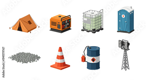 Isometric icons: construction and camping equipment with industrial elements