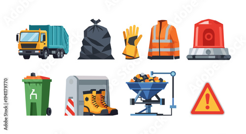 Modern waste management icons: truck, safety gear, recycling bin, alert symbols