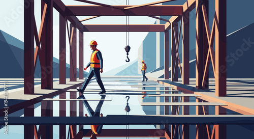 Construction scene with workers walking on reflective surface in industrial setting