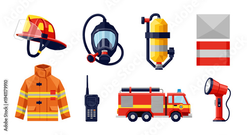 Essential firefighting equipment in flat style