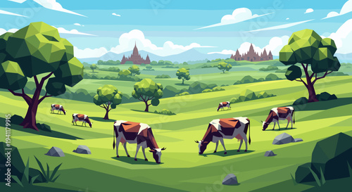 Low poly countryside scene with grazing cows in lush green landscape