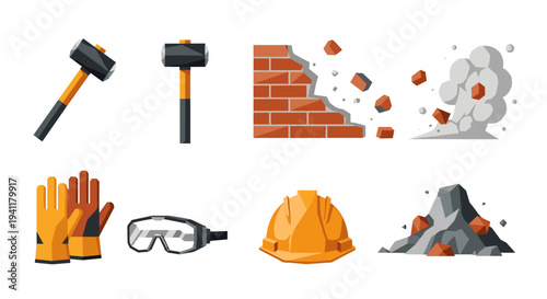 Construction tools and demolition elements in flat design