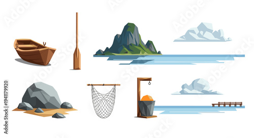 Geometric coastal elements featuring boat, mountain, and ocean scenery