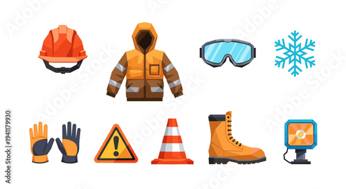 Safety gear and winter equipment collection for construction and outdoor work