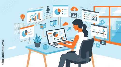Impactful Delivery: A Flat Design Illustration of a Remote Worker Diligently Preparing an Online Presentation.