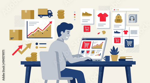 Online Business Growth: A Flat Design Illustration of a Remote Worker Effectively Managing an E-commerce Store.