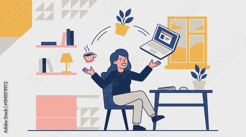 Harmonious Living: A Flat Design Illustration Depicting a Remote Worker Achieving Ideal Work-Life Balance.