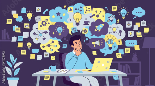 Innovative Concepts: A Flat Design Illustration Capturing a Remote Worker's Dynamic Brainstorming Session.