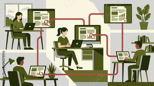 Synchronized Efforts: A Flat Design Illustration of a Remote Worker Collaborating on Shared Documents with a Team.