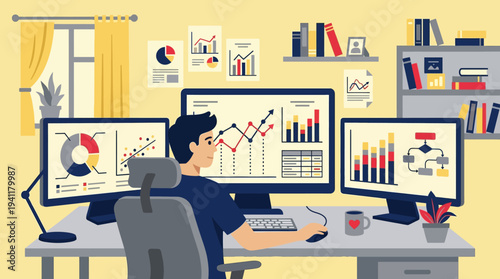 Insightful Analysis: A Flat Design Illustration of a Remote Worker Engaging in Detailed Data Interpretation.