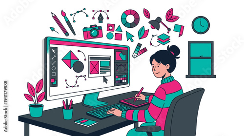 Artistic Innovation: A Flat Design Illustration Showcasing a Remote Worker's Creative Graphic Design Process.