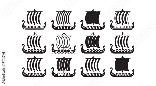 Viking ship icons collection representing Nordic seafaring and historical exploration