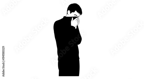 Stylized vector art depicting a man in sorrow, hands covering his face, conveying intense grief