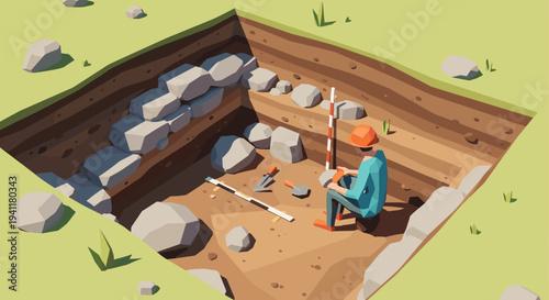 Archaeologist working on excavation site in isometric art style