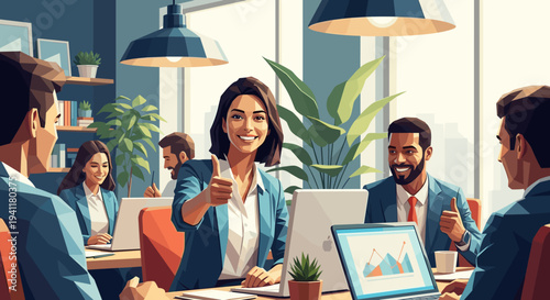 Modern office collaboration with diverse professional team in lively workspace