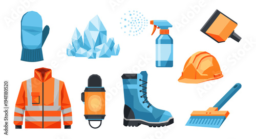 Winter work gear and safety equipment in geometric style
