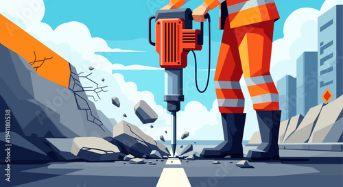 Road construction scene with worker using jackhammer on city street