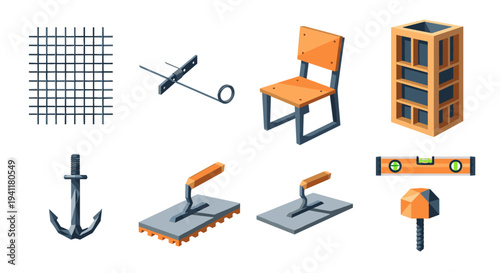 Isometric construction tools and materials set in 3d style