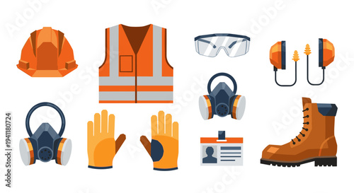 Comprehensive safety equipment collection: hard hat, vest, goggles, gloves, ear protectors
