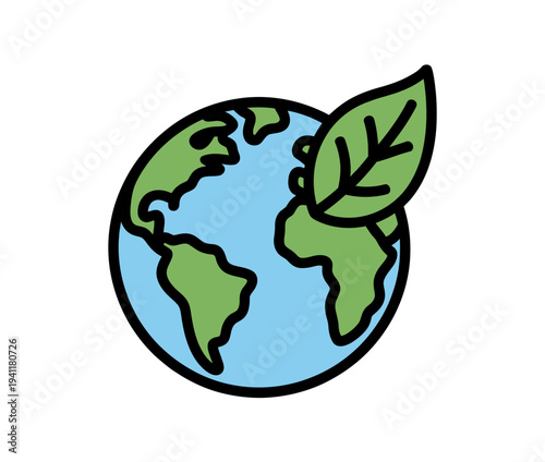 A minimalist vector graphic of the Earth with a green leaf, symbolizing environmental conservation and sustainability.