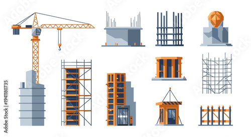 Construction elements: crane, scaffolding, columns, and more in modern flat design