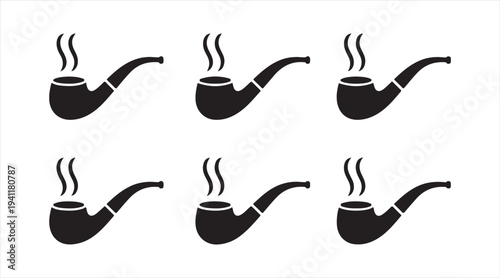Classic tobacco pipe icons collection with smoke in minimal flat design