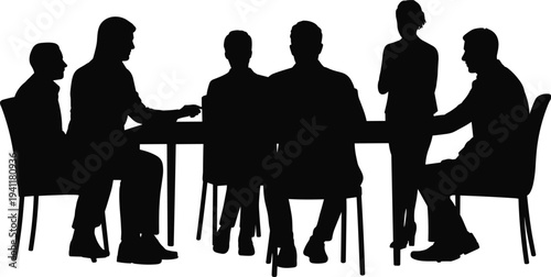 Business meeting silhouette illustration showing team discussion at office table with professionals collaborating and communicating in corporate workplace isolated on white background