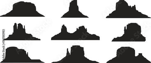 Desert rock mesa and butte silhouettes collection with canyon cliffs, black desert landscape vector elements isolated on light background for nature design