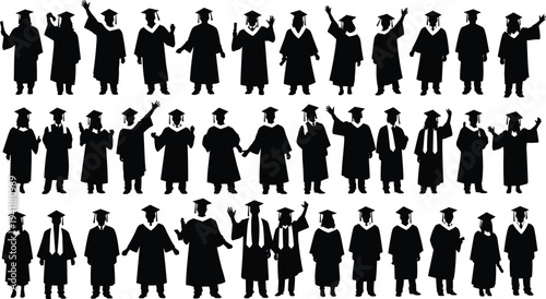 Graduation silhouettes of students in caps and gowns, diploma holding, celebratory poses, academic milestone, education success