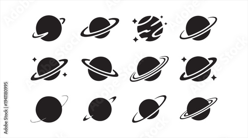 Planet symbols collection with ringed planets representing astronomy and space exploration