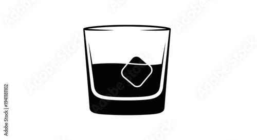Stylish black and white icon of a refreshing beverage in a tumbler glass with a single ice cube