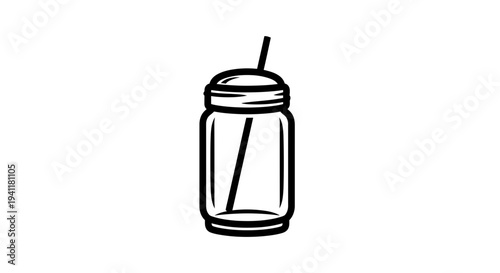 Minimalist line art illustration of a refreshing beverage jar with a straw for various design