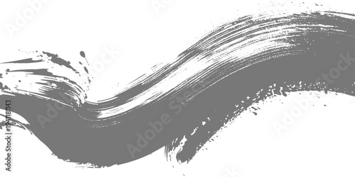 Black grunge ink brush stroke with splatter vector droplets on a white background, abstract paint smear, rough artistic texture, minimalist monochrome design. 