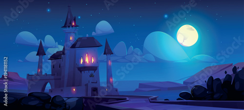 Fantasy landscape with castle at night