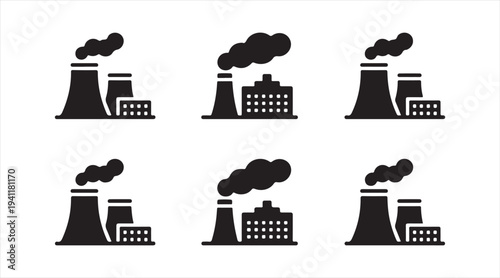 Factory and smokestack icons collection representing industrial production and manufacturing