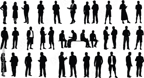 Group people silhouettes, social interaction illustration, casual and professional posture vector, human communication graphic design, diverse outline art