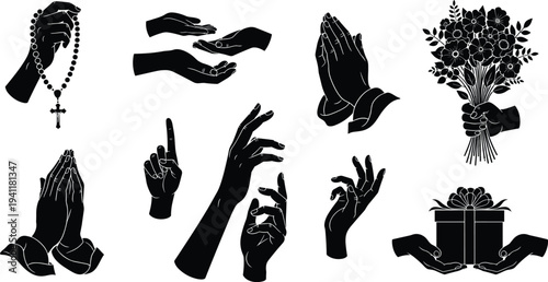 Hand gesture silhouettes with prayer, rosary, giving, receiving, pointing, bouquet, gift box, expressive poses, symbolic cultural religious illustration