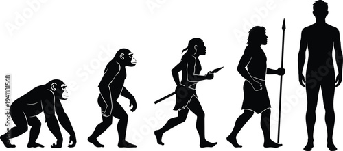 Human evolution silhouettes from ape to modern man, progression of hominids, upright posture, spear tool, anthropology concept, science illustration, vector design, black silhouette art