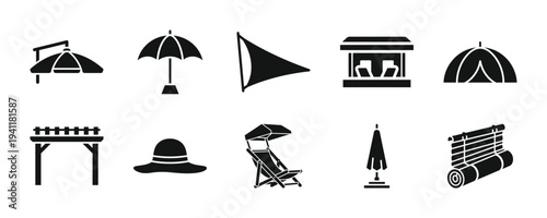 Collection of beach icons including umbrellas and chairs for summer vacation