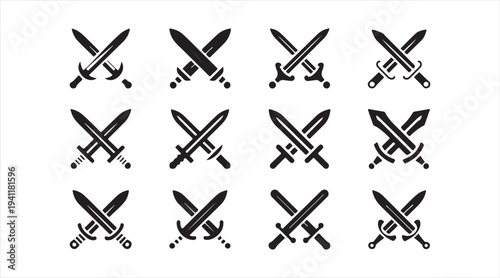 Medieval sword icon pack isolated on background representing warfare and defense