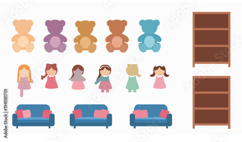 Cute Toy Collection Vector Set with Teddy Bears Rag Dolls Couch and Bookshelf Isolated on White