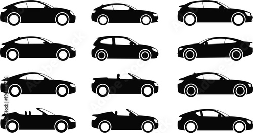 Car silhouettes collection, modern sedan hatchback and convertible vehicle set, transportation automobile vector icons isolated illustration design